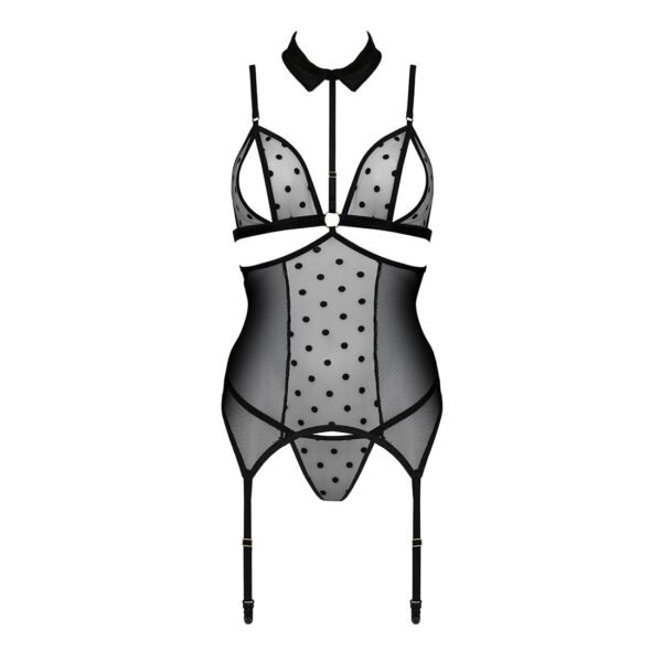 Корсет з відкритими грудьми Passion DOMINICA CORSET L/XL black, пажі для панчіх, стрінги