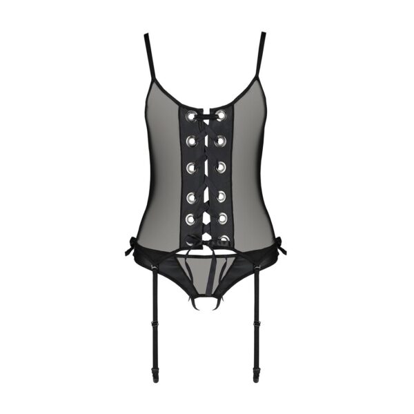 Корсет зі шнурівкою Passion NESSY CORSET L/XL black, стрінги з відкритим доступом, пажі для панчіх