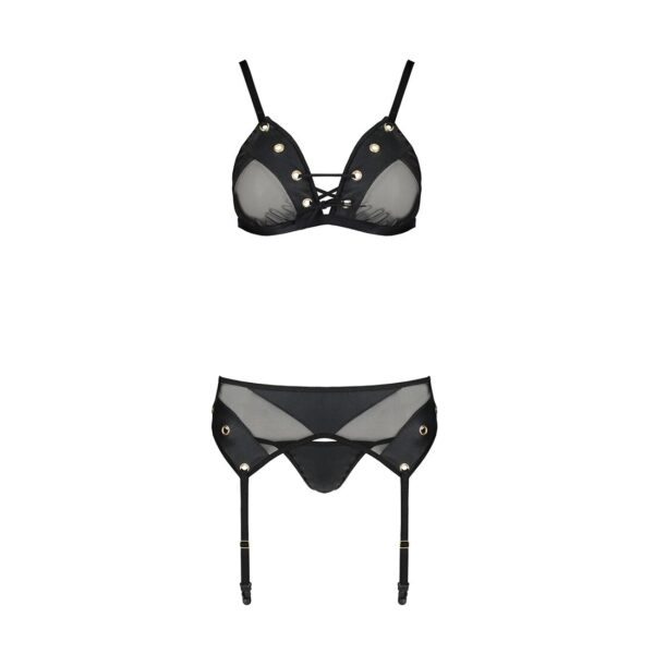 Комплект білизни Passion NESSY SET L/XL black, бюстгальтер, пояс для панчіх, стрінги