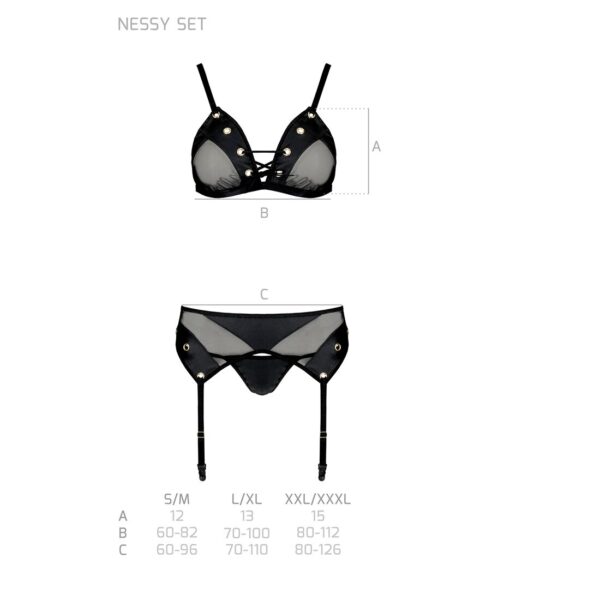 Комплект білизни Passion NESSY SET S/M black, бюстгальтер, пояс для панчіх, стрінги