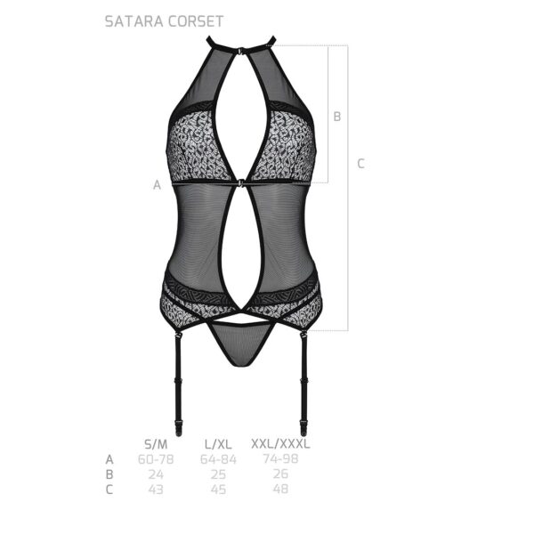 Корсет з пажами Passion SATARA CORSET L/XL black, стрінги, мереживо, застібки спереду та ззаду