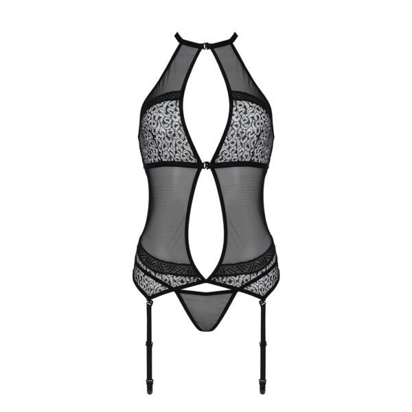 Корсет з пажами Passion SATARA CORSET L/XL black, стрінги, мереживо, застібки спереду та ззаду