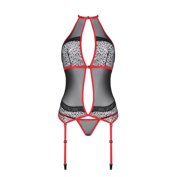 Корсет з пажами PassionSATARA CORSET L/XL red, стрінги, мереживо, застібки спереду та ззаду