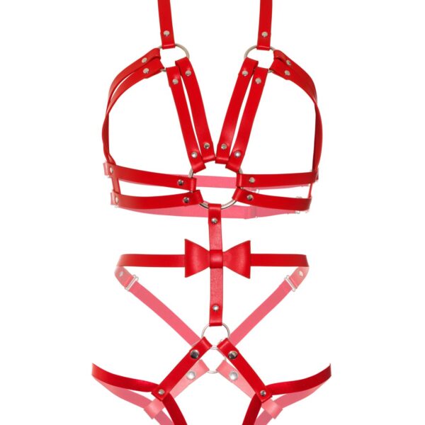 Портупея-тедді з ременів Leg Avenue Studded O-ring harness teddy S Red, екошкіра