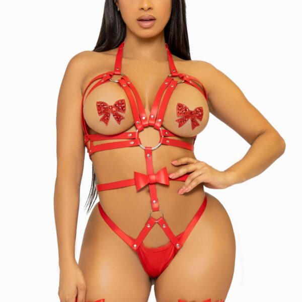 Портупея-тедді з ременів Leg Avenue Studded O-ring harness teddy S Red, екошкіра