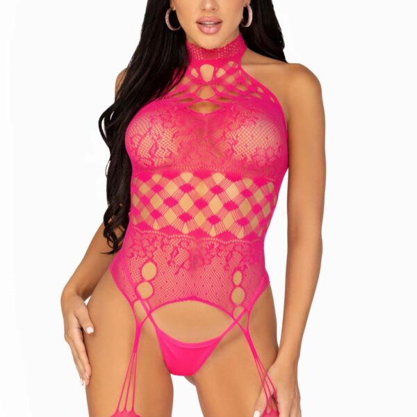 Мереживний бодістокінг з відкритим доступом Leg Avenue High neck lace bodystocking One size Raspberr