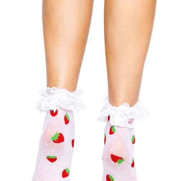 Шкарпетки жіночі з полуничним принтом Leg Avenue Strawberry ruffle top anklets One size, мереживні м