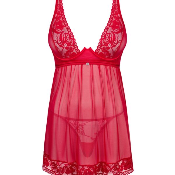 Прозора сорочка бебі-дол Obsessive Lacelove babydoll & thong XS/S Red, мереживо, стрінги