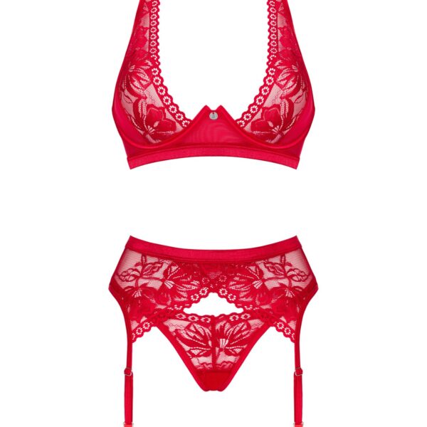 Комплект білизни Obsessive Lacelove cupless 3-pcs set XS/S Red, бюстгальтер, стрінги, пояс для панчі