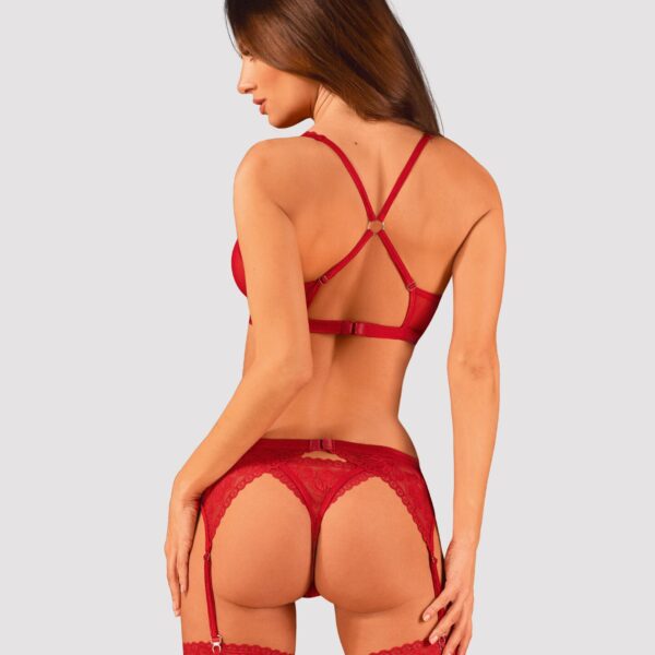 Комплект білизни Obsessive Lacelove cupless 3-pcs set XS/S Red, бюстгальтер, стрінги, пояс для панчі