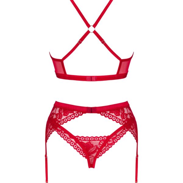 Комплект білизни Obsessive Lacelove cupless 3-pcs set XS/S Red, бюстгальтер, стрінги, пояс для панчі