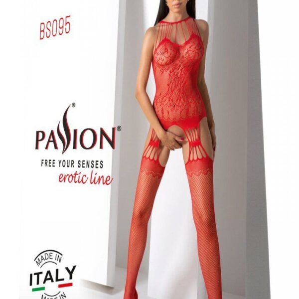 Бодістокінг з безліччю бретелей Passion BS095 One Size, red, імітація пояса та панчіх, з доступом