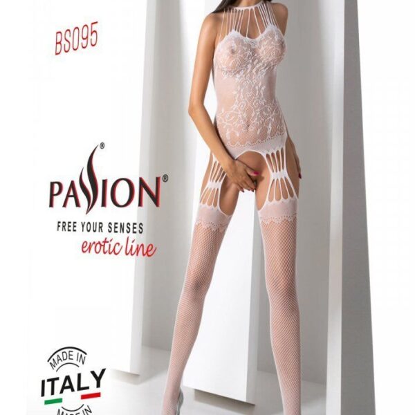 Бодістокінг з безліччю бретелей Passion BS095 One Size, white, імітація пояса та панчіх, з доступом