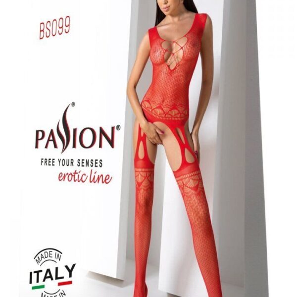 Бодістокінг з плетінням на грудях Passion BS099 One Size, red, відкритий доступ, імітація підв’язок