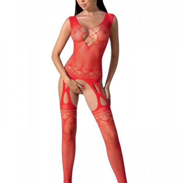 Бодістокінг з плетінням на грудях Passion BS099 One Size, red, відкритий доступ, імітація підв’язок