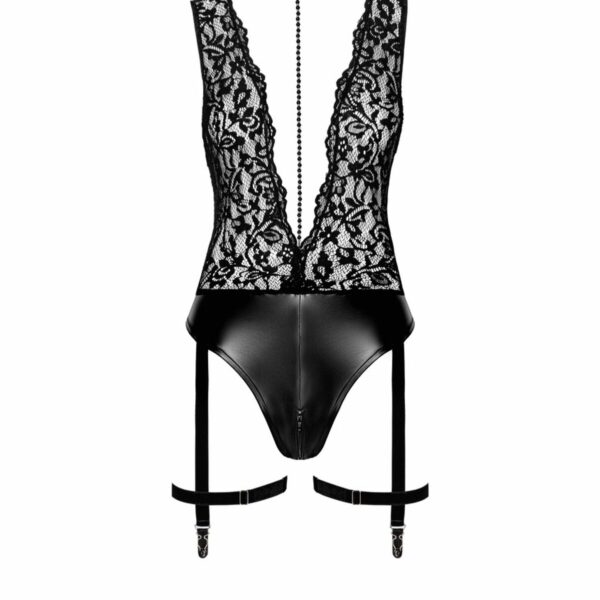 Боді Noir Handmade F297 Libido Deep-V bodysuit with collar, pearl chain and garter - S