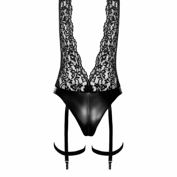 Боді Noir Handmade F297 Libido Deep-V bodysuit with collar, pearl chain and garter - S