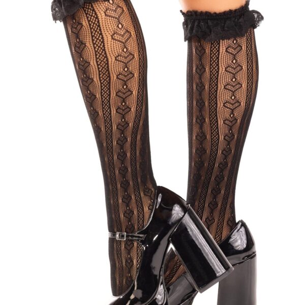 Шкарпетки ажурні з рюшами Leg Avenue Sweetheart Ruffle Cuff Knee Highs Black, високі