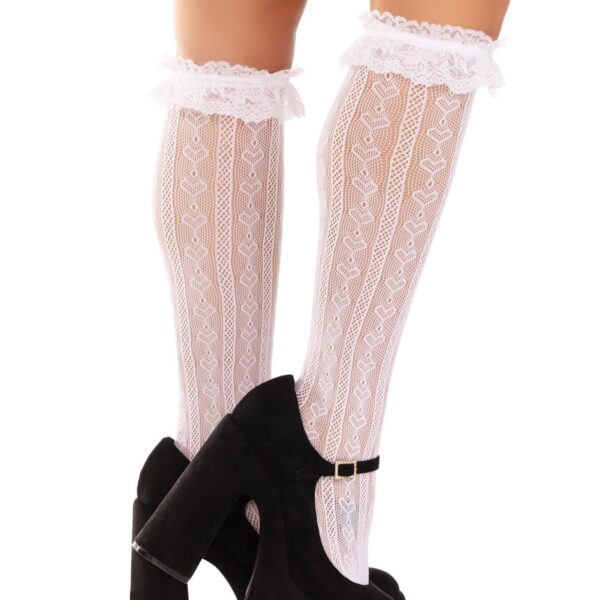 Шкарпетки ажурні з рюшами Leg Avenue Sweetheart Ruffle Cuff Knee Highs White, високі