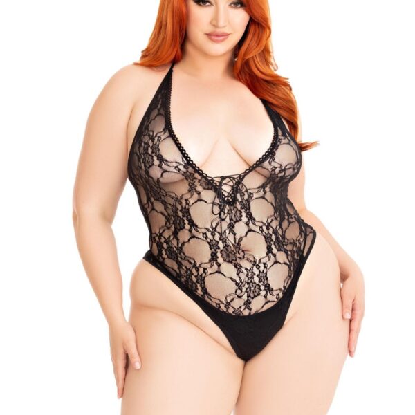 Боді Leg Avenue Floral lace deep-V teddy Black 1X/2X