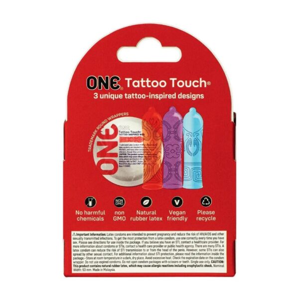 Презервативи ONE Tattoo Touch 3 шт, картонна коробка (м'ята упаковка!!!)