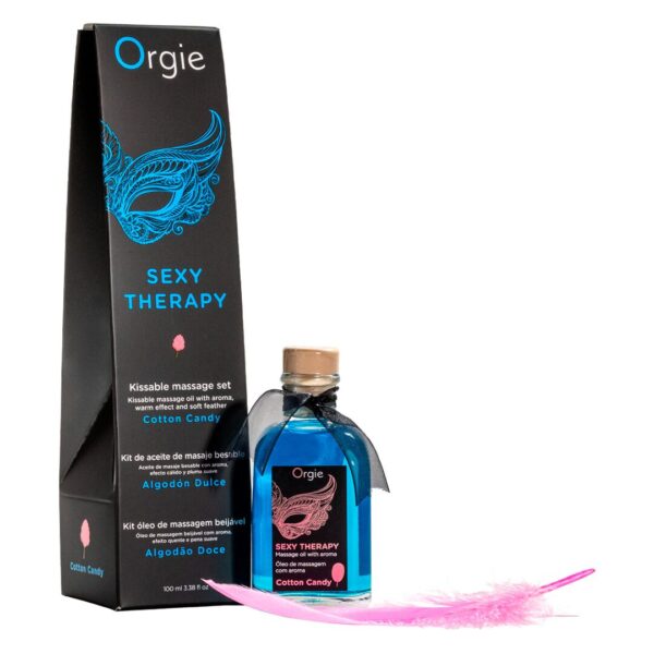 Набір для масажу Orgie – Sexy Therapy Cotton Candy (100 мл), їстівна розігрівальна олія + пір’їнка