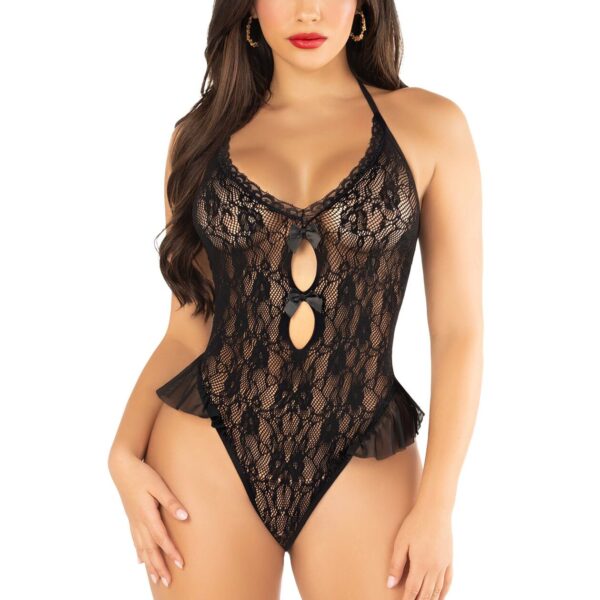 Боді Leg Avenue Lace Floral Lace Halter Teddy with Flutter Accent One Size, Black