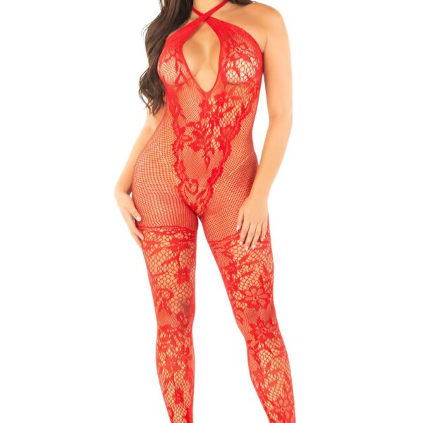 Бодістокінг Leg Avenue Seamless Net and Lace Lingerie Jumpsuit One Size, Red